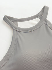 Gray ribbed halter tank top with built-in bra detail