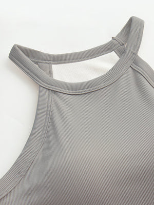Gray ribbed halter tank top with built-in bra detail