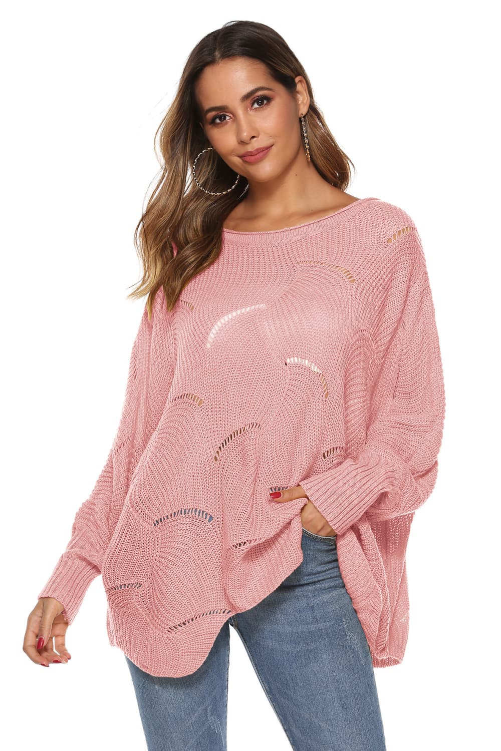 Dusty Pink openwork knit sweater with boat neck and cocoon sleeves.