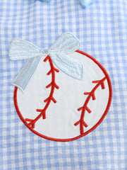 Baby one-piece in pastel blue gingham with a baseball embroidery and light blue bows.