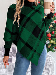 Green and black tartan turtleneck poncho sweater with asymmetric hem.