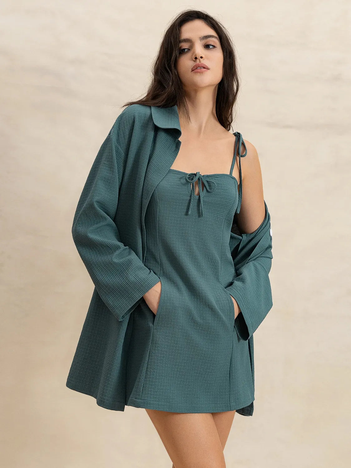 Textured mini dress and duster set in French Blue with tie-front neckline and pockets.