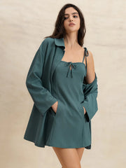 Textured mini dress and duster set in French Blue with tie-front neckline and pockets.