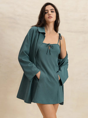 Textured mini dress and duster set in French Blue with tie-front neckline and pockets.