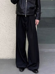 Men's black wide-leg sweatpants with pleats and a relaxed fit.