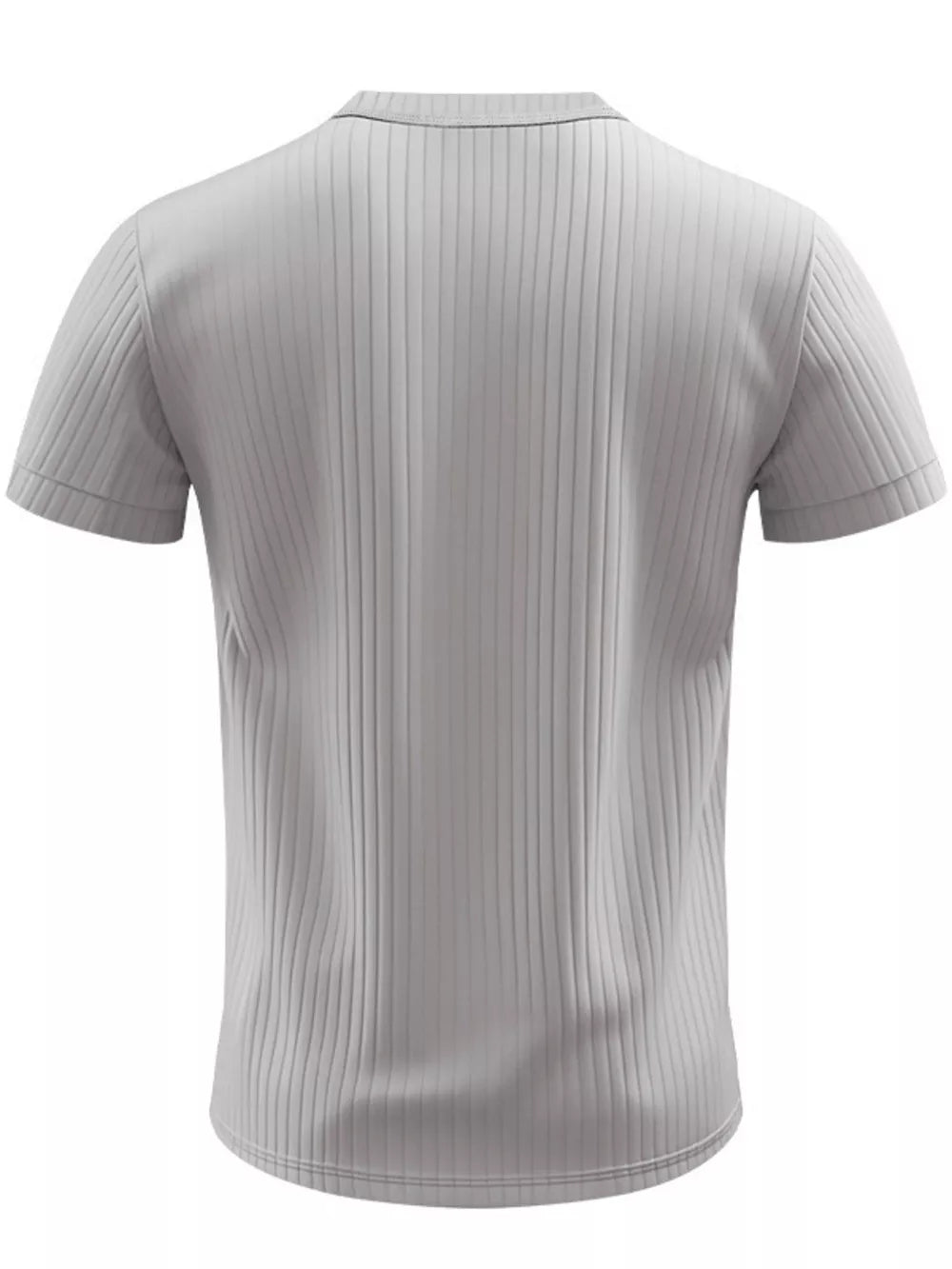 Gray ribbed henley t-shirt with short sleeves and a buttoned neckline.