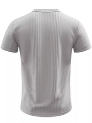 Gray ribbed henley t-shirt with short sleeves and a buttoned neckline.
