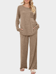Ribbed knit lounge set in Camel with crew neck top and wide leg pants.