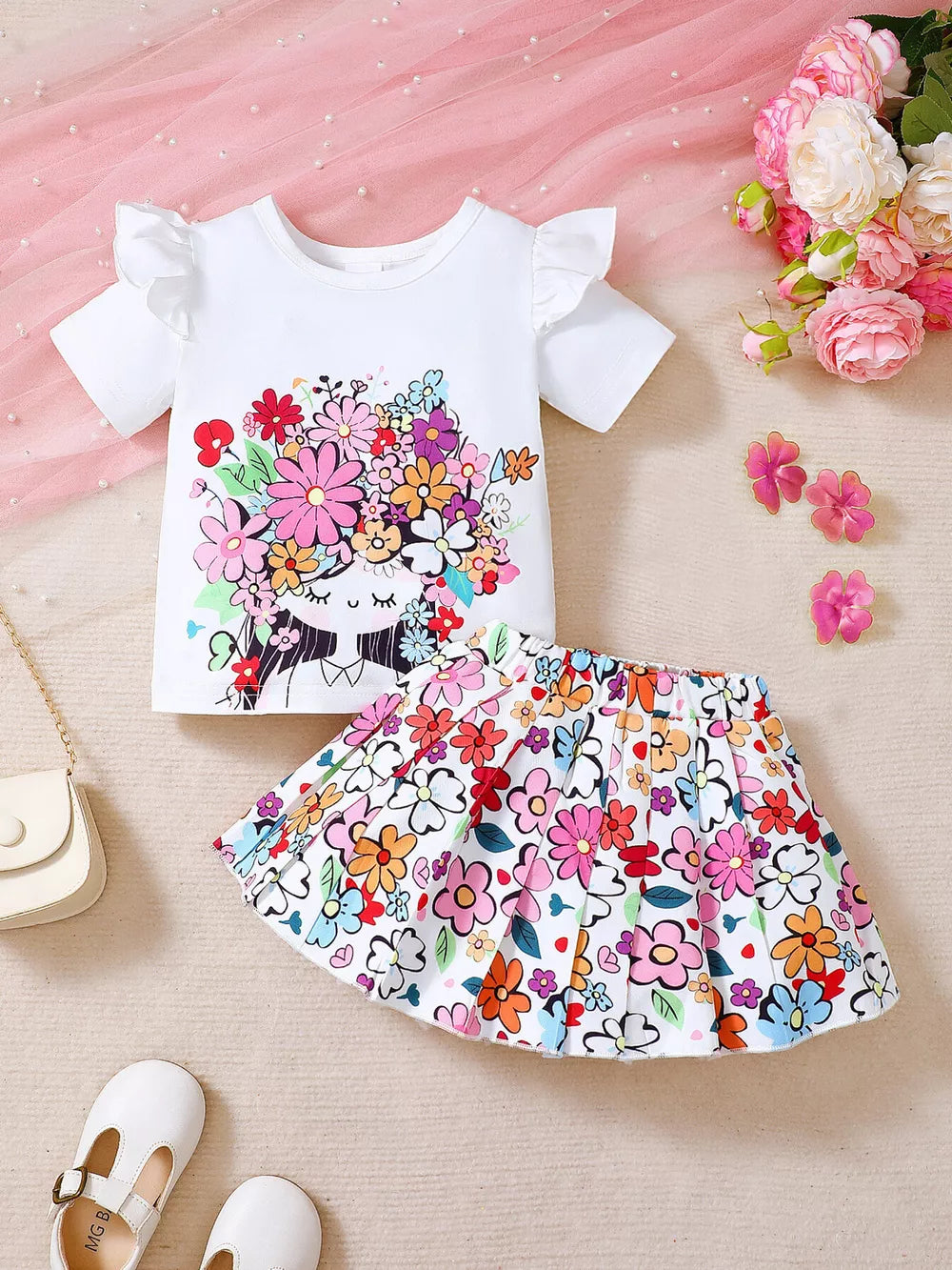 White baby set with floral print top and skirt, ruffled sleeves, and a unicorn graphic.