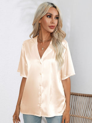 Satin collared shirt in Tan with short sleeves and button front.
