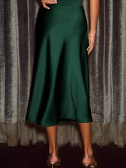 Dark green satin midi skirt with an A-line cut.