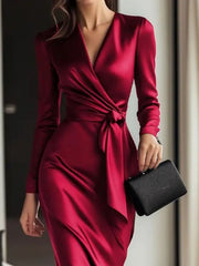 Burgundy satin maternity dress with V-neck and tie-waist detail