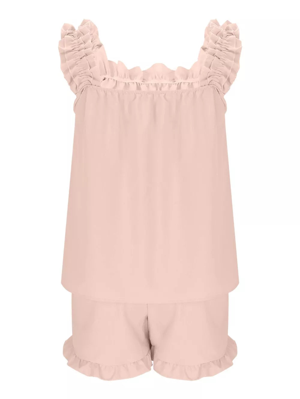Pale blush ruffled pajama set with square neckline and ruffled shorts.