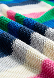 Chunky knit crewneck sweater with bold colorblock stripes in green, blue, pink, and cream acrylic.