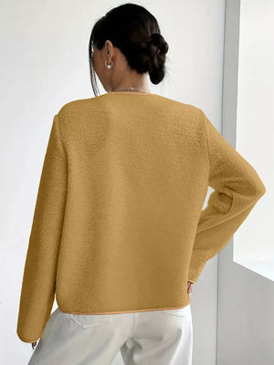Textured button-up fleece outerwear in Khaki with long sleeves.