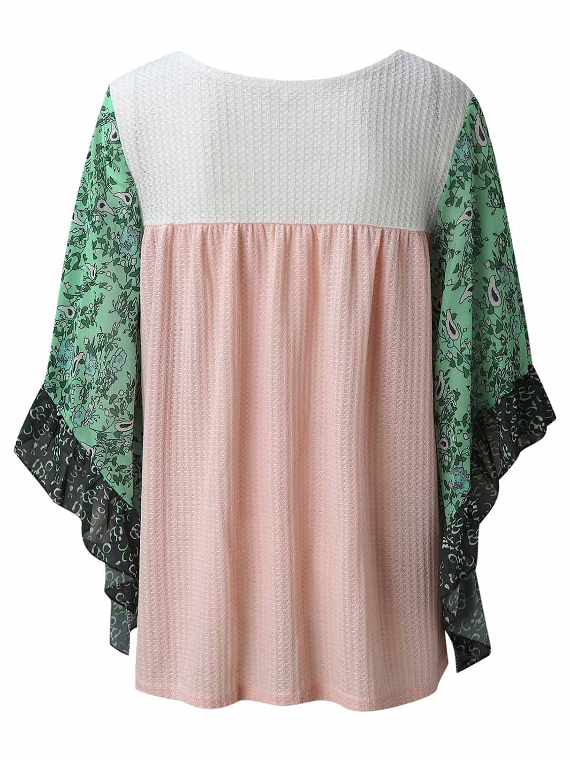 Textured panel blouse in blush pink with green floral flutter sleeves and white waffle knit top.