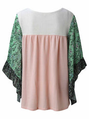 Textured panel blouse in blush pink with green floral flutter sleeves and white waffle knit top.