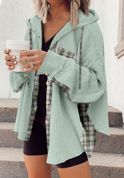 Sage waffle knit shacket with plaid trim and hood, button front, long sleeves.