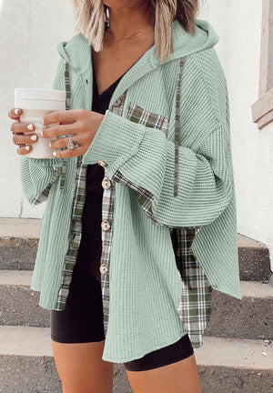 Sage waffle knit shacket with plaid trim and hood, button front, long sleeves.