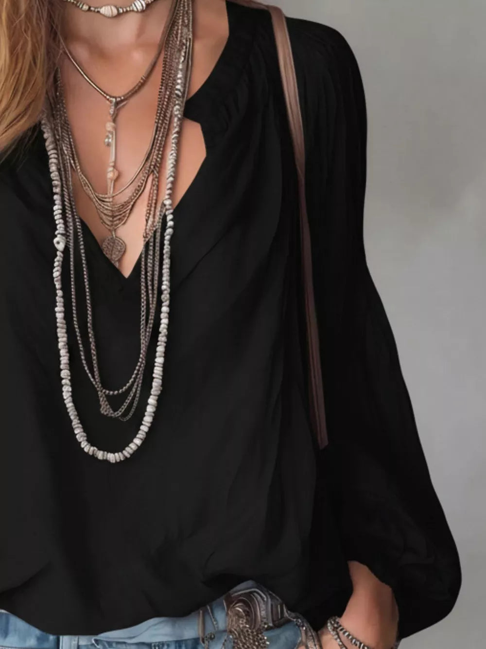 Notched Balloon Sleeve Blouse in Black, alternate angle