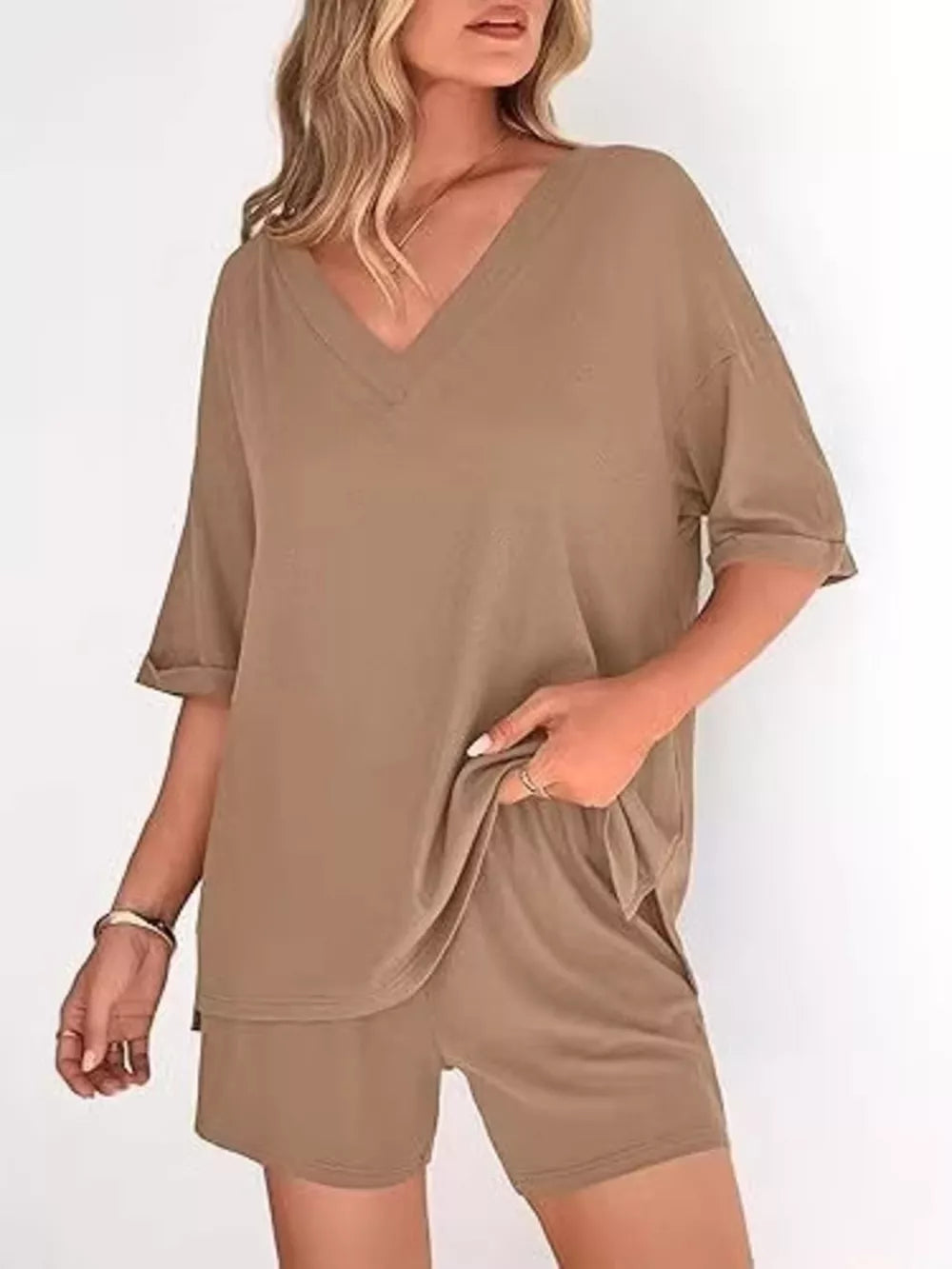 Solid Color V-neck And Shorts Set in Army Green, front view