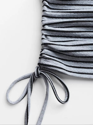 Striped crop top with adjustable drawstring detail and crew neck.