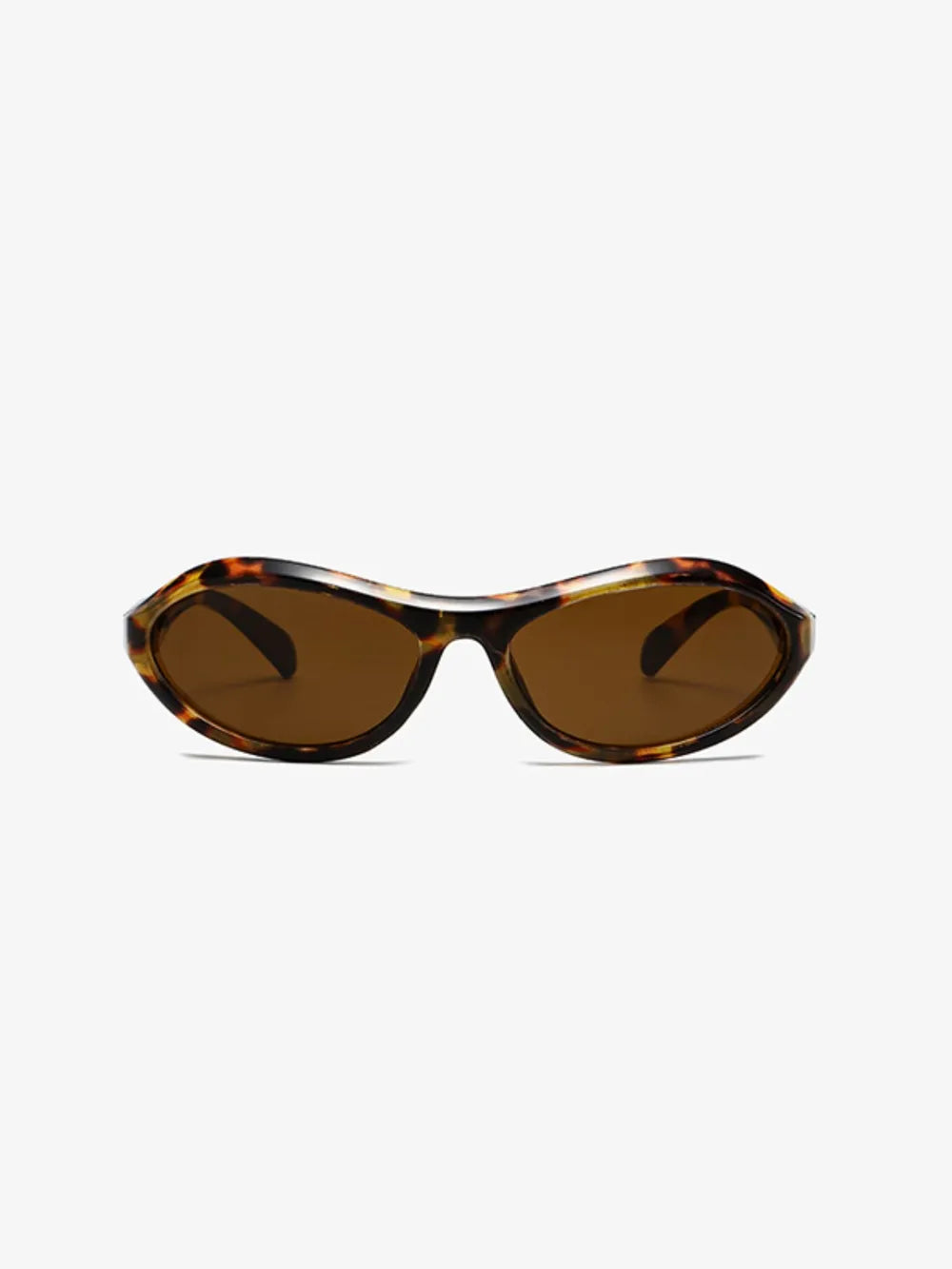 Sculpted oval lens sunglasses in tortoiseshell pattern with brown lenses.