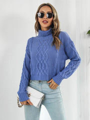 Blue cable knit cropped turtleneck sweater with braided detail.