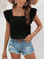 Black textured square neck blouse with ruffle cap sleeves.
