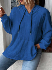 Light blue textured knit raglan hoodie with drawstring and front pocket.