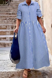 Striped Long Sleeve Maxi Shirt Dress in Light Blue, front view