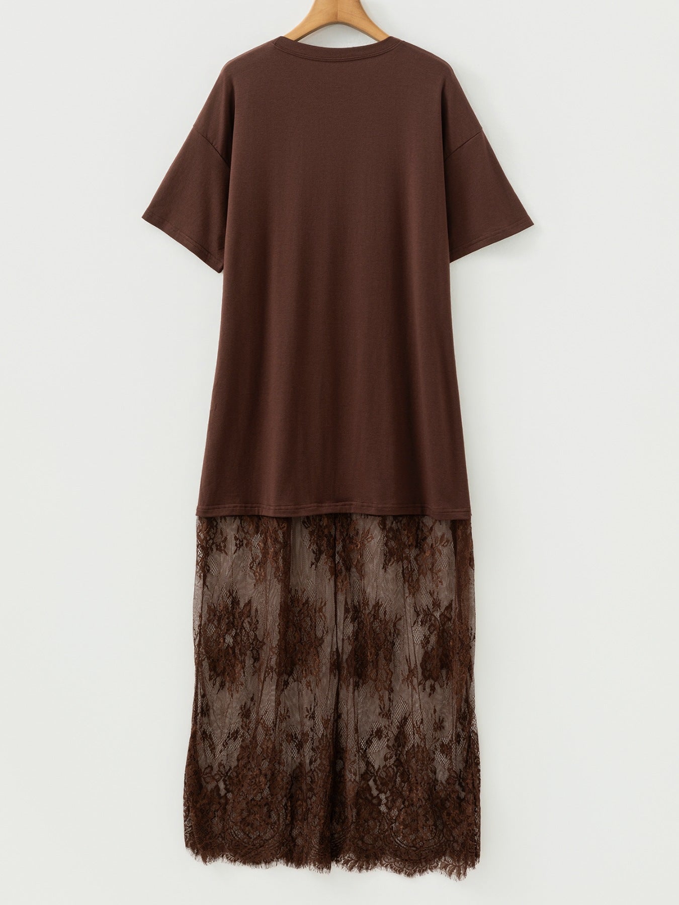 Dark brown cotton t-shirt maxi dress with floral lace hem