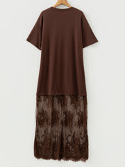Dark brown cotton t-shirt maxi dress with floral lace hem