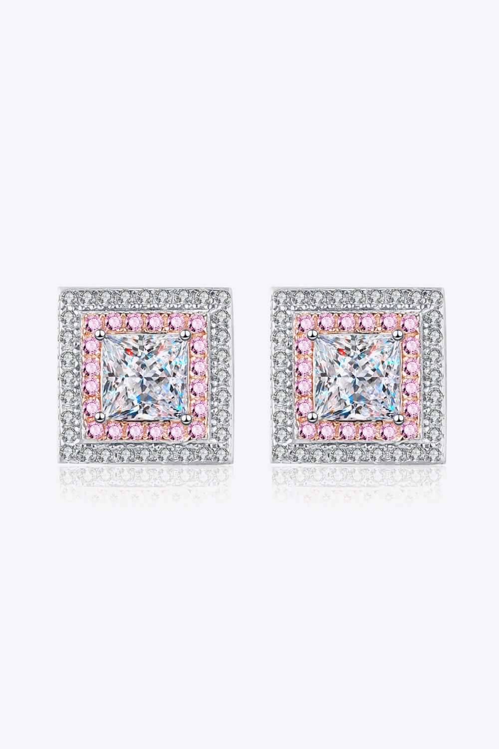 Prismatic square stud earrings with pink halo and white stones in 925 sterling silver.