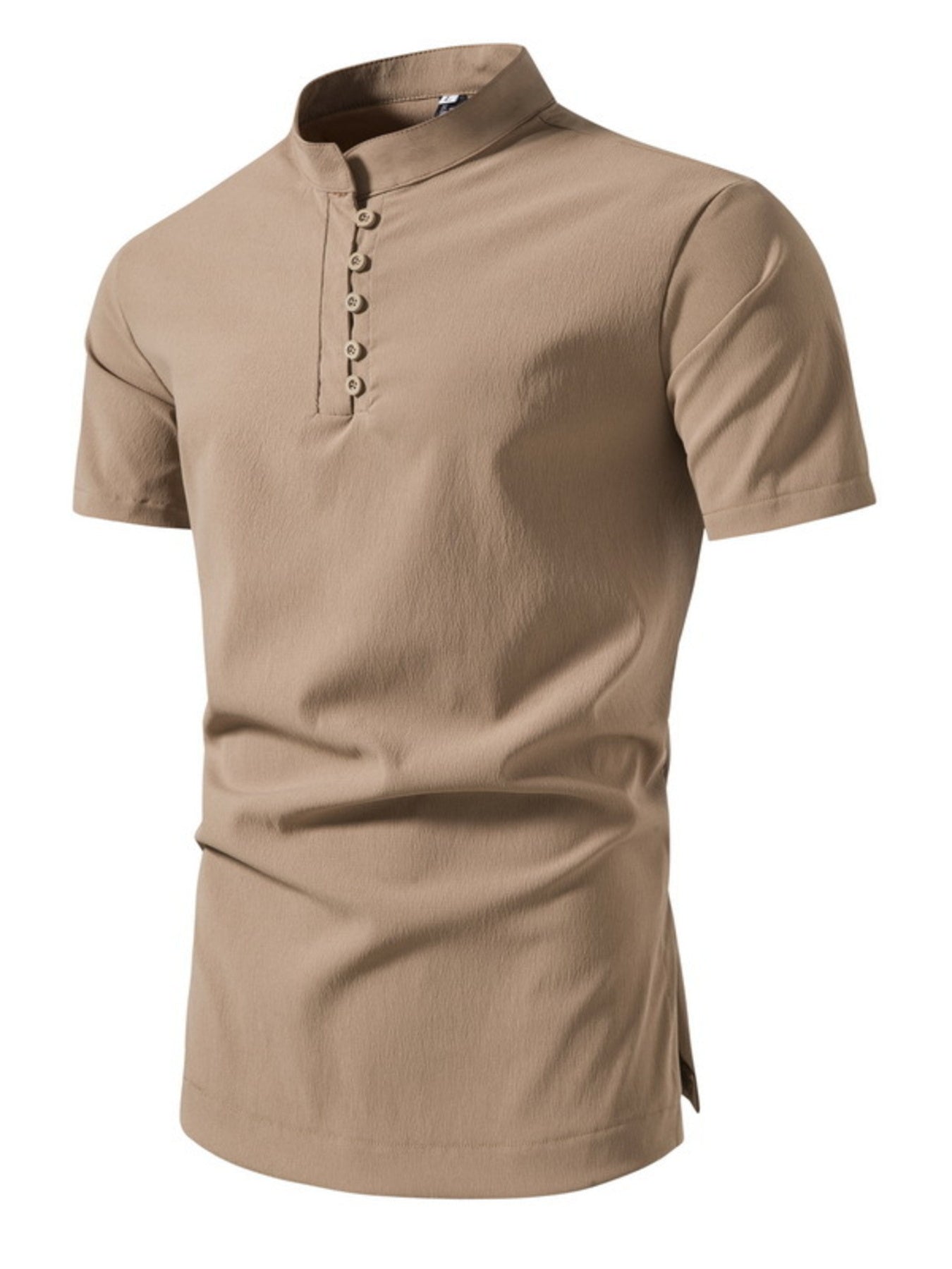 Khaki cotton short sleeve shirt with band collar and button detail