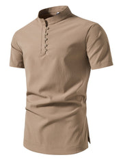 Khaki cotton short sleeve shirt with band collar and button detail