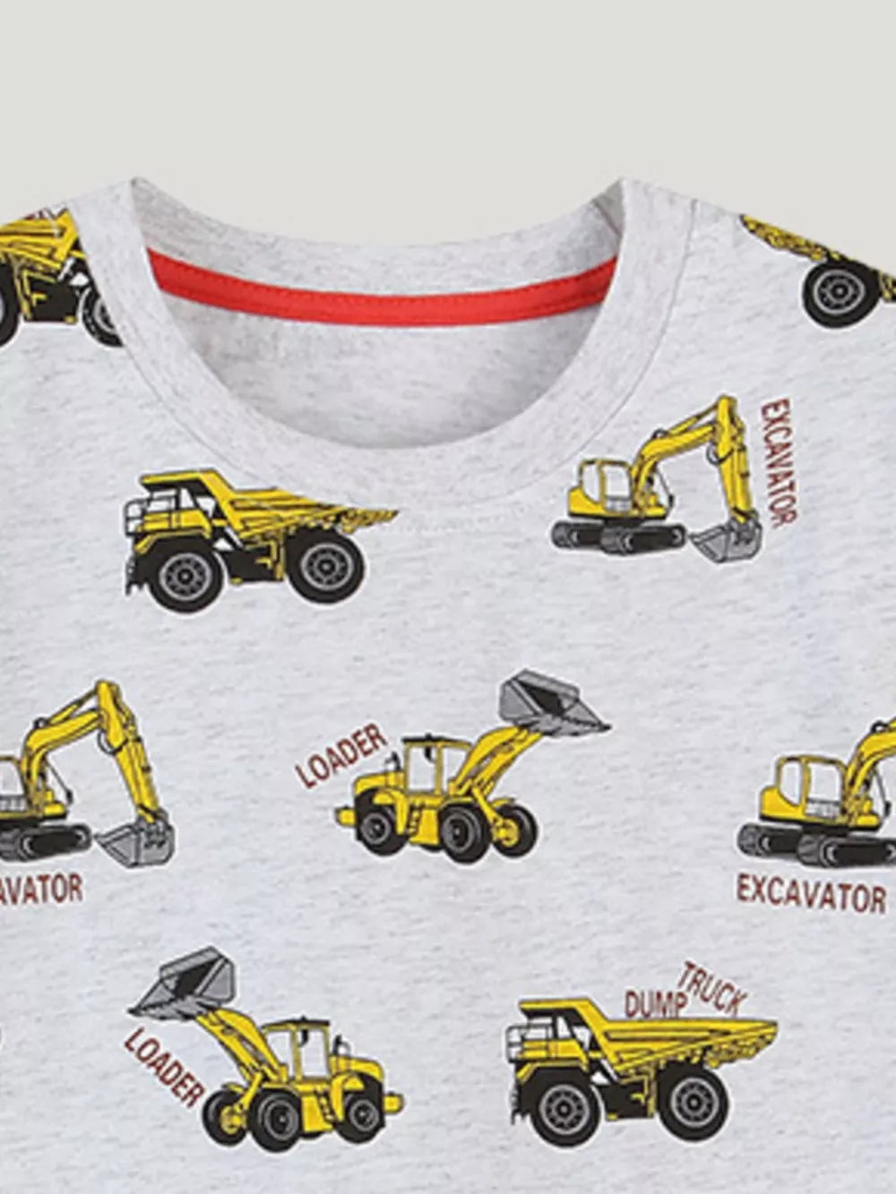 Toddler grey cotton t-shirt with allover yellow construction vehicle print and red neckline trim.
