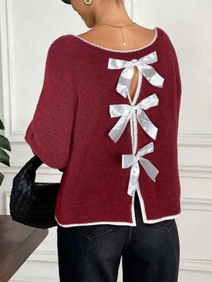 Burgundy knit sweater with white bowknot back detail and contrast trim