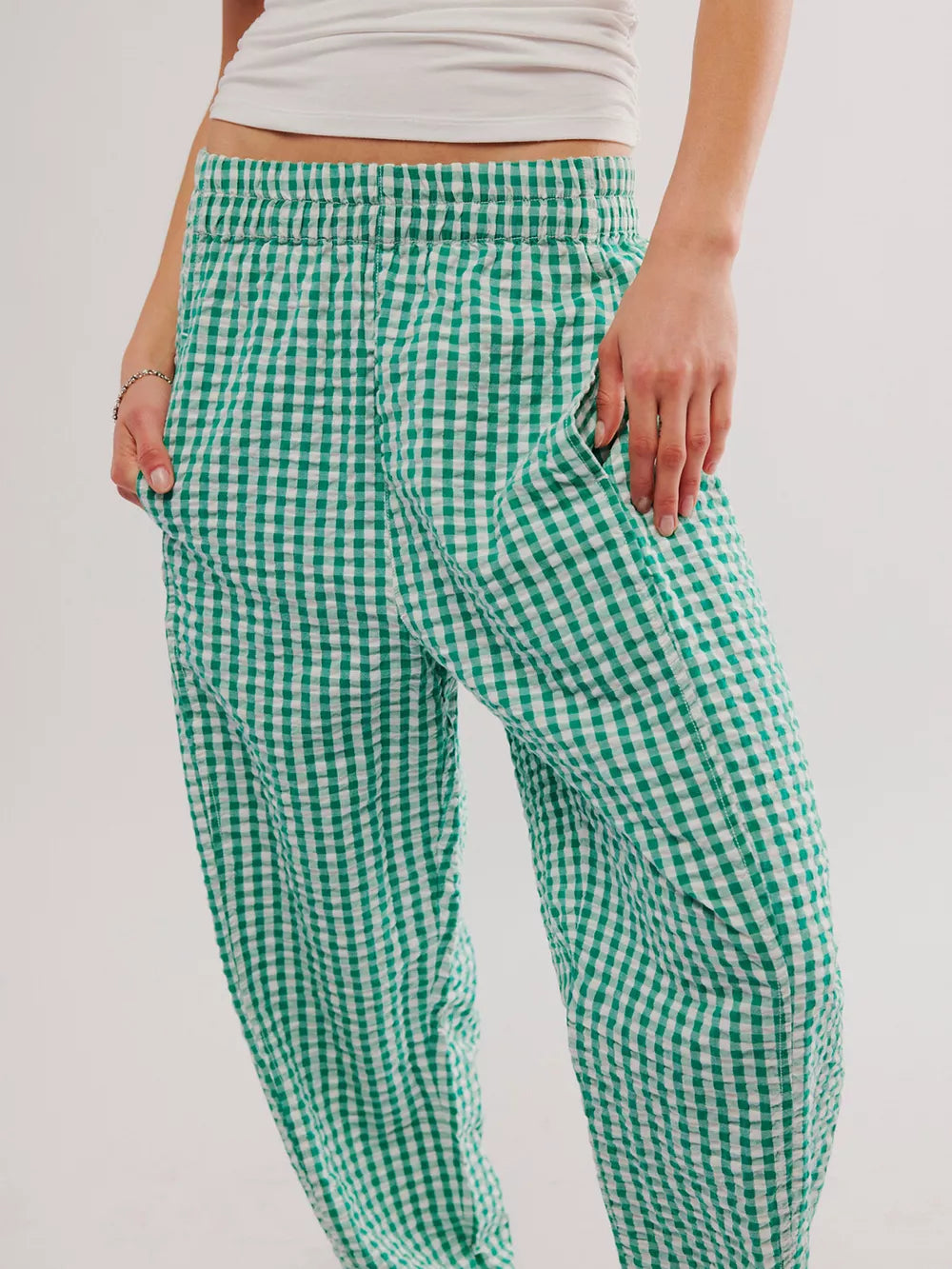 Green gingham check wide-leg pants with pockets and elastic waist