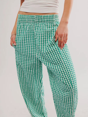 Green gingham check wide-leg pants with pockets and elastic waist
