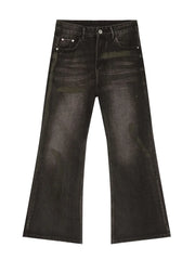 Dark wash flared jeans with distressed details and a button fly.