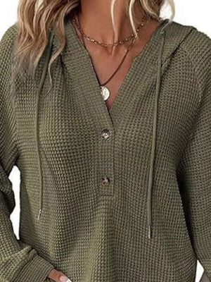 Full Size Waffle Knit Half-button Hoodie Plus Size in Black, editorial view
