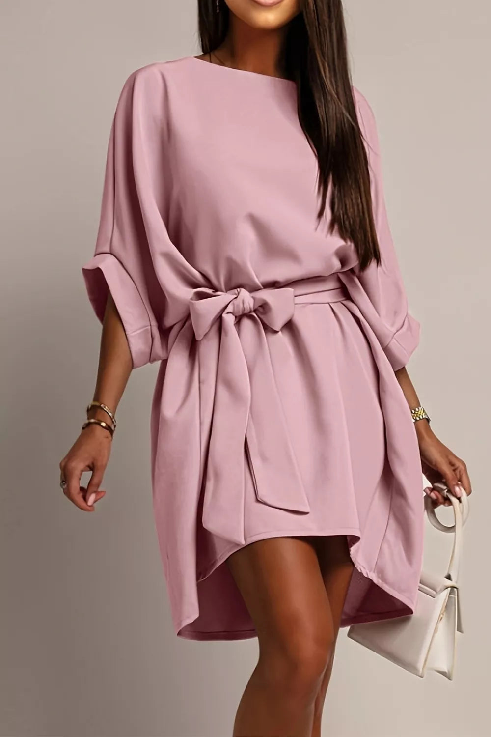 Tie Waist Batwing Sleeve Dress, front view