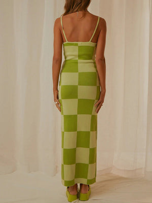 Geometric knit maxi slip dress in Yellow-Green with checkerboard pattern and spaghetti straps.