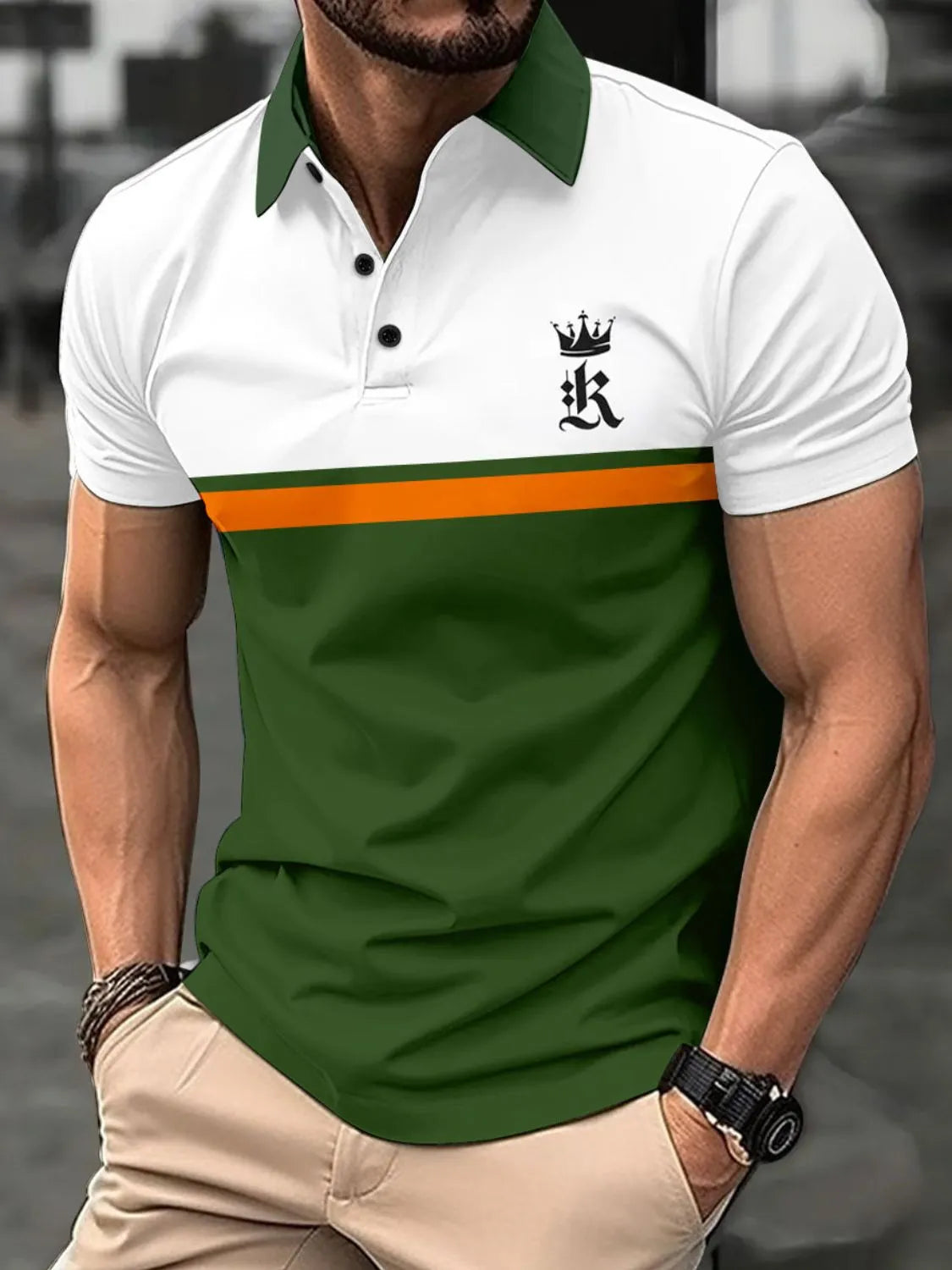 Colorblock polo shirt with crown graphic, white top, orange stripe, green bottom, green collar.