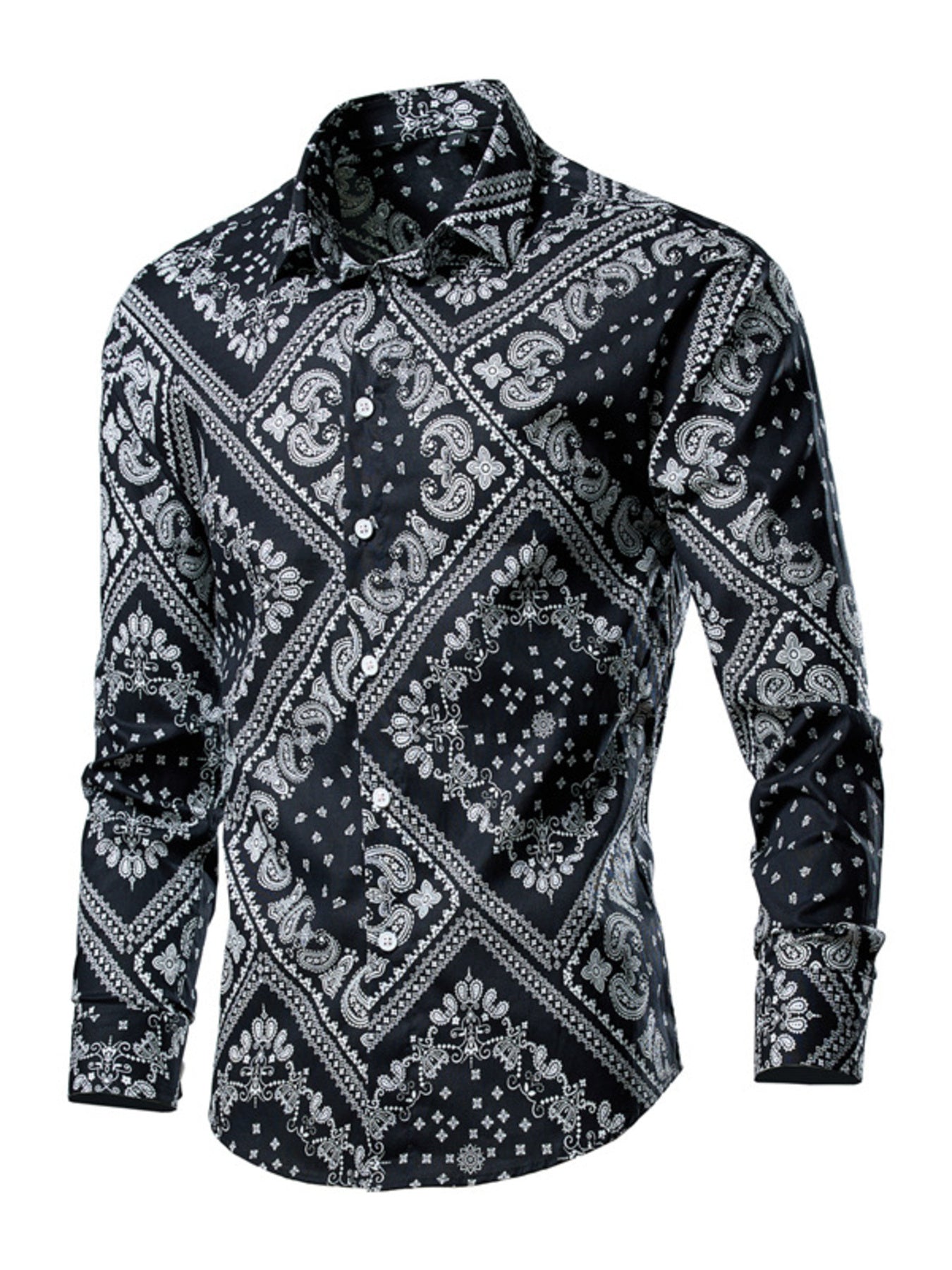 Men's black button-down shirt with white paisley bandana print, long sleeves, cotton.