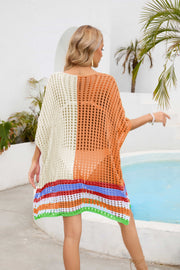 Meshed edge scoop neck half sleeve cover-up in cream and orange with striped hem