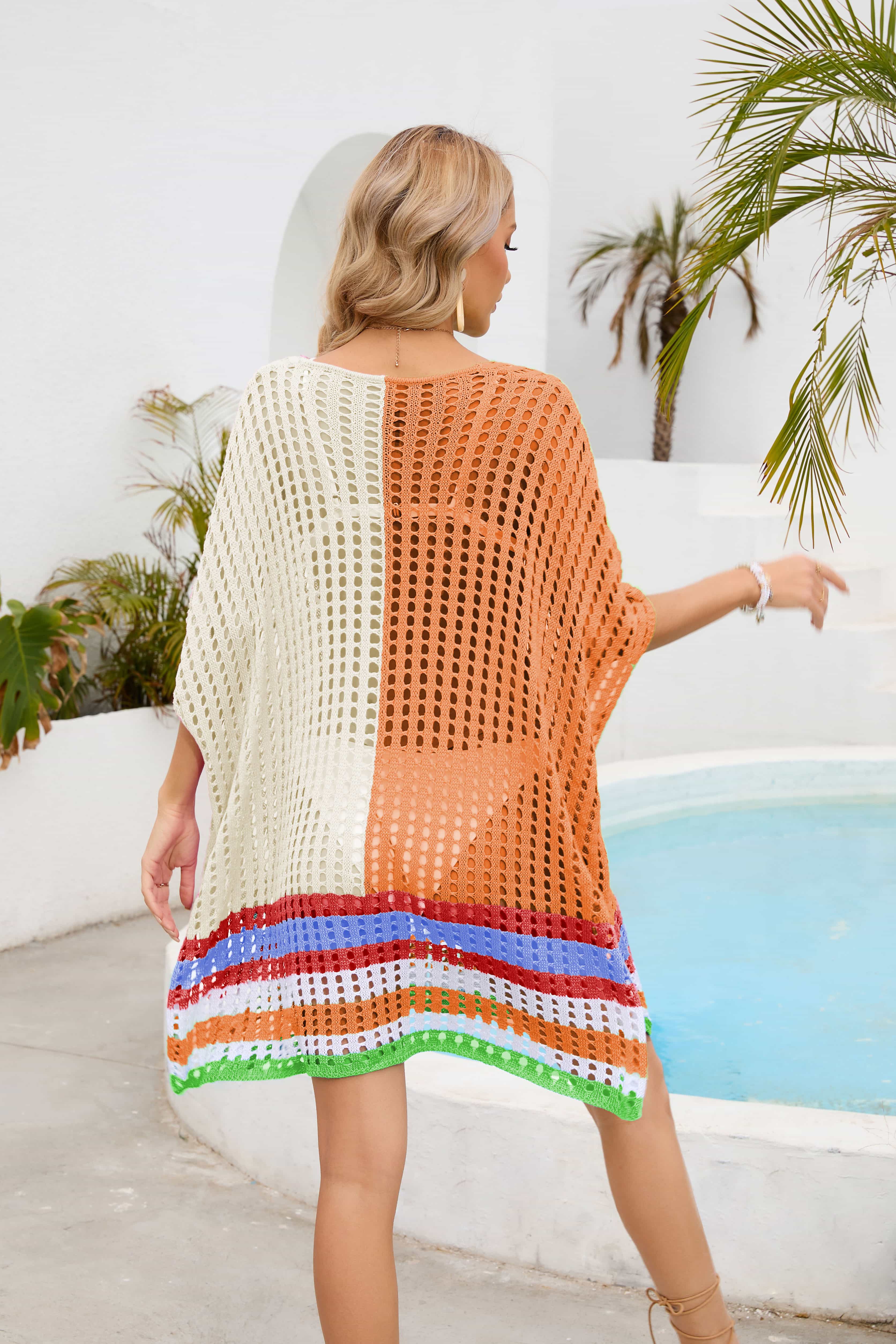 Meshed edge scoop neck half sleeve cover-up in cream and orange with striped hem