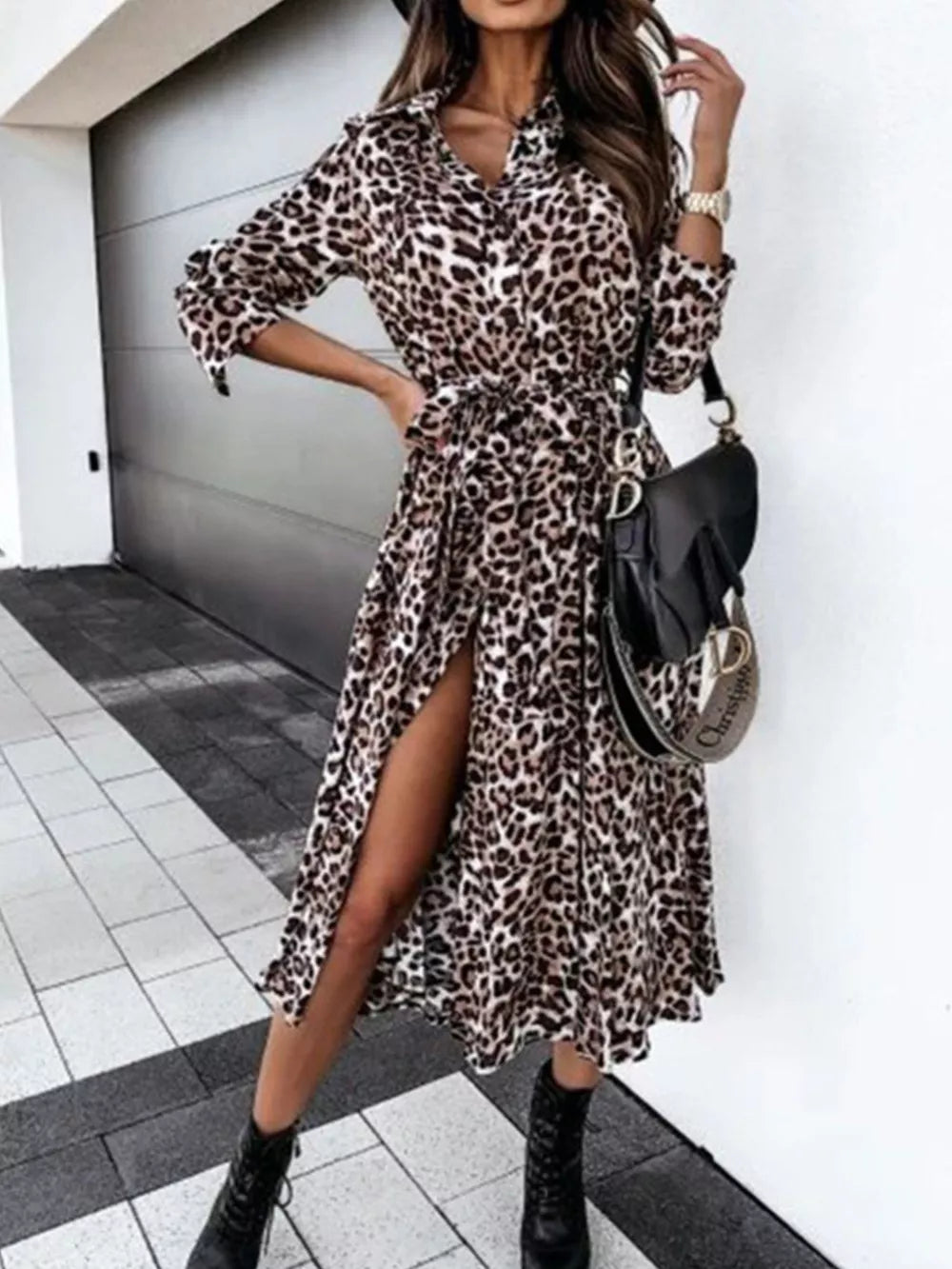 Leopard Print Button-down Midi Dress With Belt in regular leopard print, close-up detail