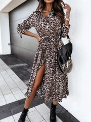 Leopard Print Button-down Midi Dress With Belt in regular leopard print, close-up detail